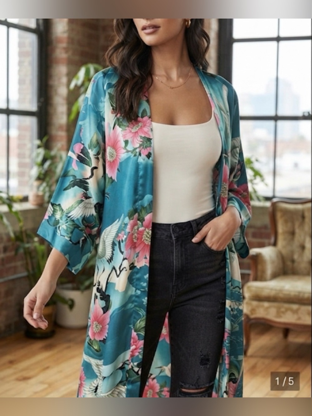Teal Floral Satin Kimono Robe with Pink Blossom Accents One Size Fits Most